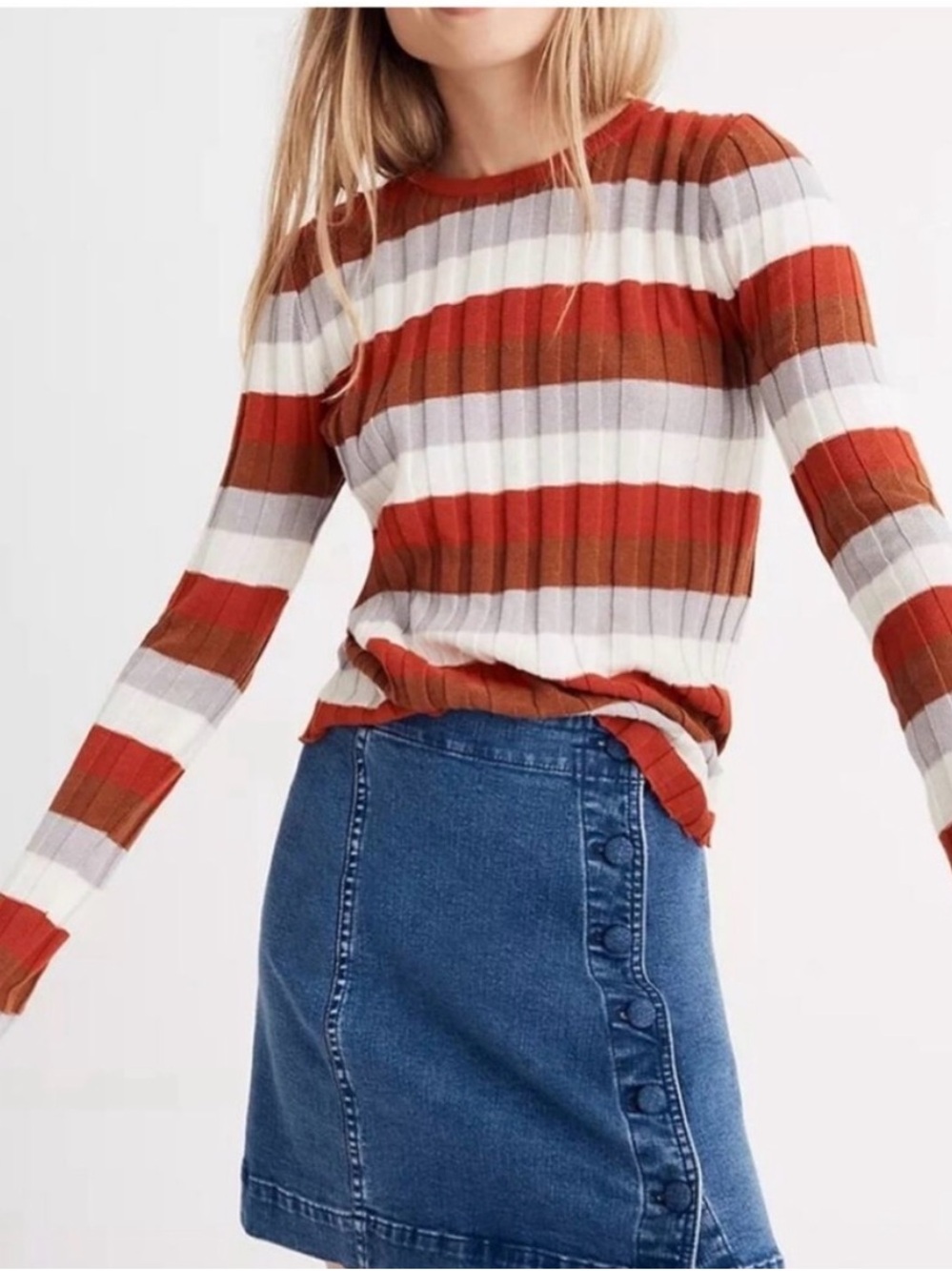 Madewell Striped Ribbed Crewneck Sweater in Rust, White & Light Gray Small